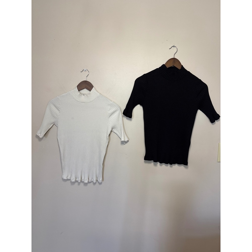 Eileen Fisher Ribbed Mock Neck Tops Bundle Black Ivory XXSmall Bundle of 2